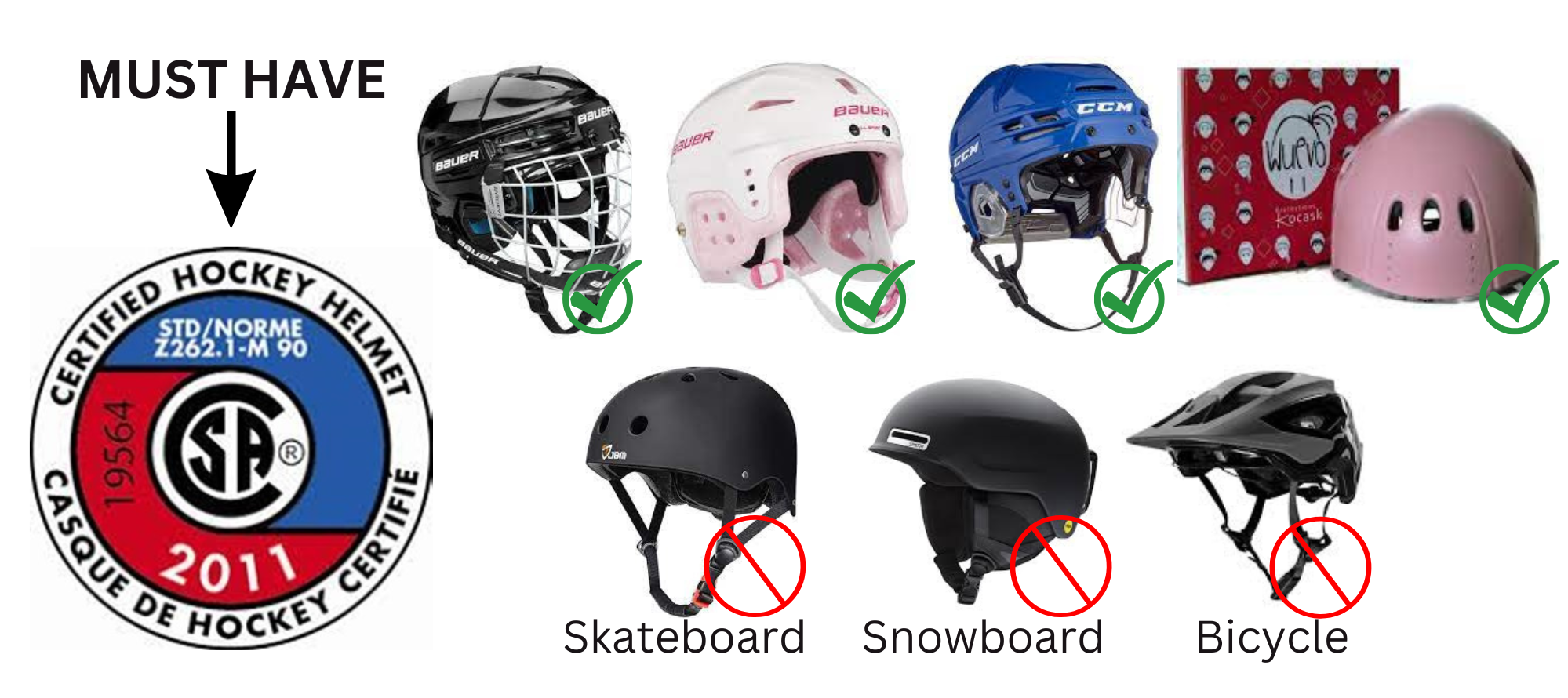 Accepted hockey helmets and examples of helmets that are not accepted