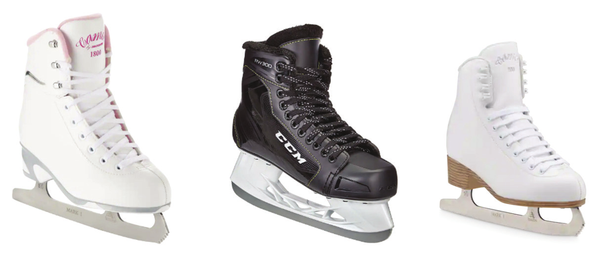 Examples of supportive figure skates and a hockey skate